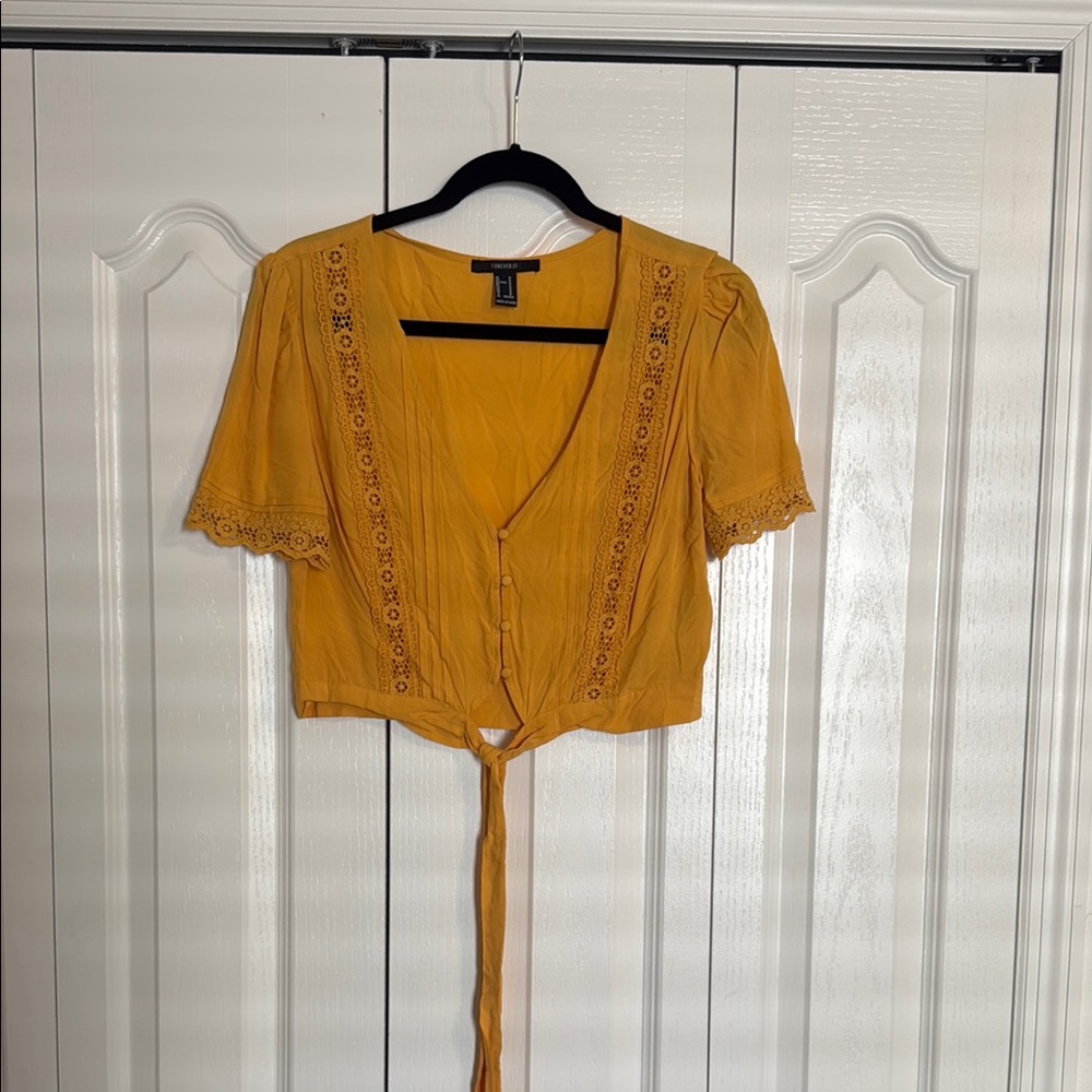 Forever 21 Yellow Crop Tie-Front Blouse